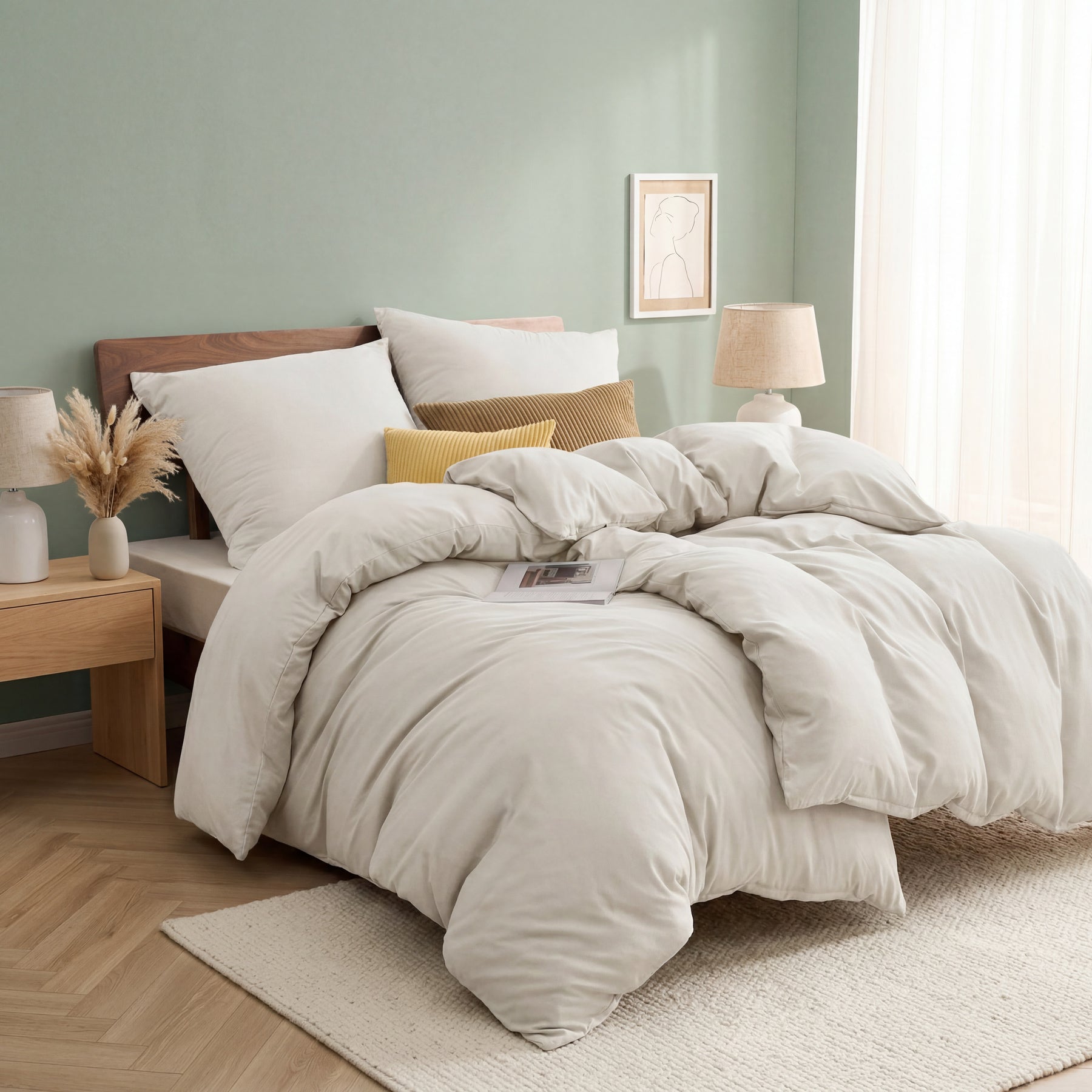 Parure de lit 4 pièces 135 x 200 cm - Beige - 2 housses de couette 135 x 200 cm et 2 taies d'oreiller 80 x 80 cm - Certifié Oeko-TEX - En microfibre de 90 % de polyester avec fermeture éclair, 90 % de polyester
