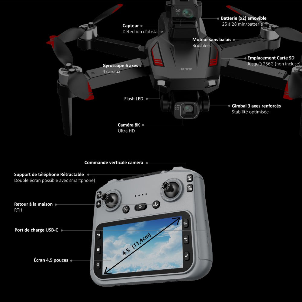 KYF Drone d’inspection 5G/4G avec télécommande écran 4,5 pouces + tapis d’atterrissage + 2 batteries + mallette de transport