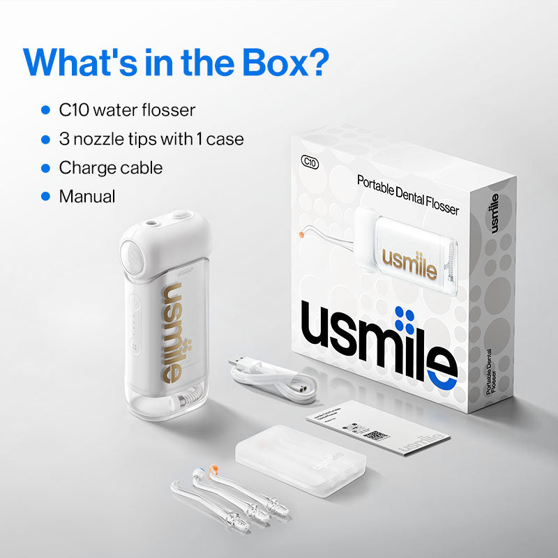 Usmile C10 Hydropulseur portable, autonomie 95 jours, 4 modes, buse 360°, réservoir 180 ml, IPX7, recommandé pour appareils orthodontiques, dents sensibles et implants
