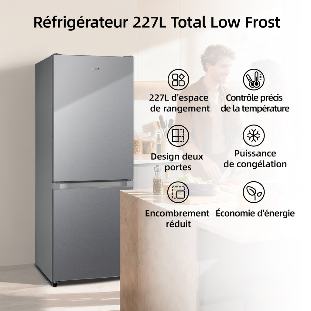 CHiQ JR227LSE Combiné réfrigérateur-congélateur, 227 L, Argent, Faible givre, Congélation 4 étoiles, Réfrigérateur 153 L et congélateur 74 L, Largeur compacte 54 cm, Porte réversible, Pieds réglables [Classe énergétique E]