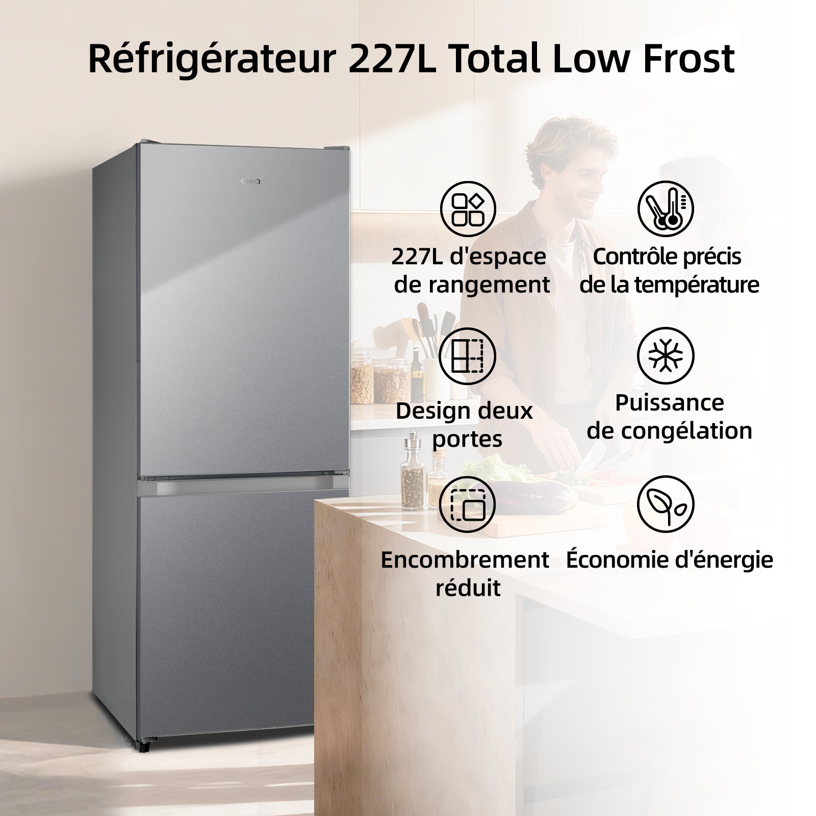 CHiQ JR227LSE Combiné réfrigérateur-congélateur, 227 L, Argent, Faible givre, Congélation 4 étoiles, Réfrigérateur 153 L et congélateur 74 L, Largeur compacte 54 cm, Porte réversible, Pieds réglables [Classe énergétique E]