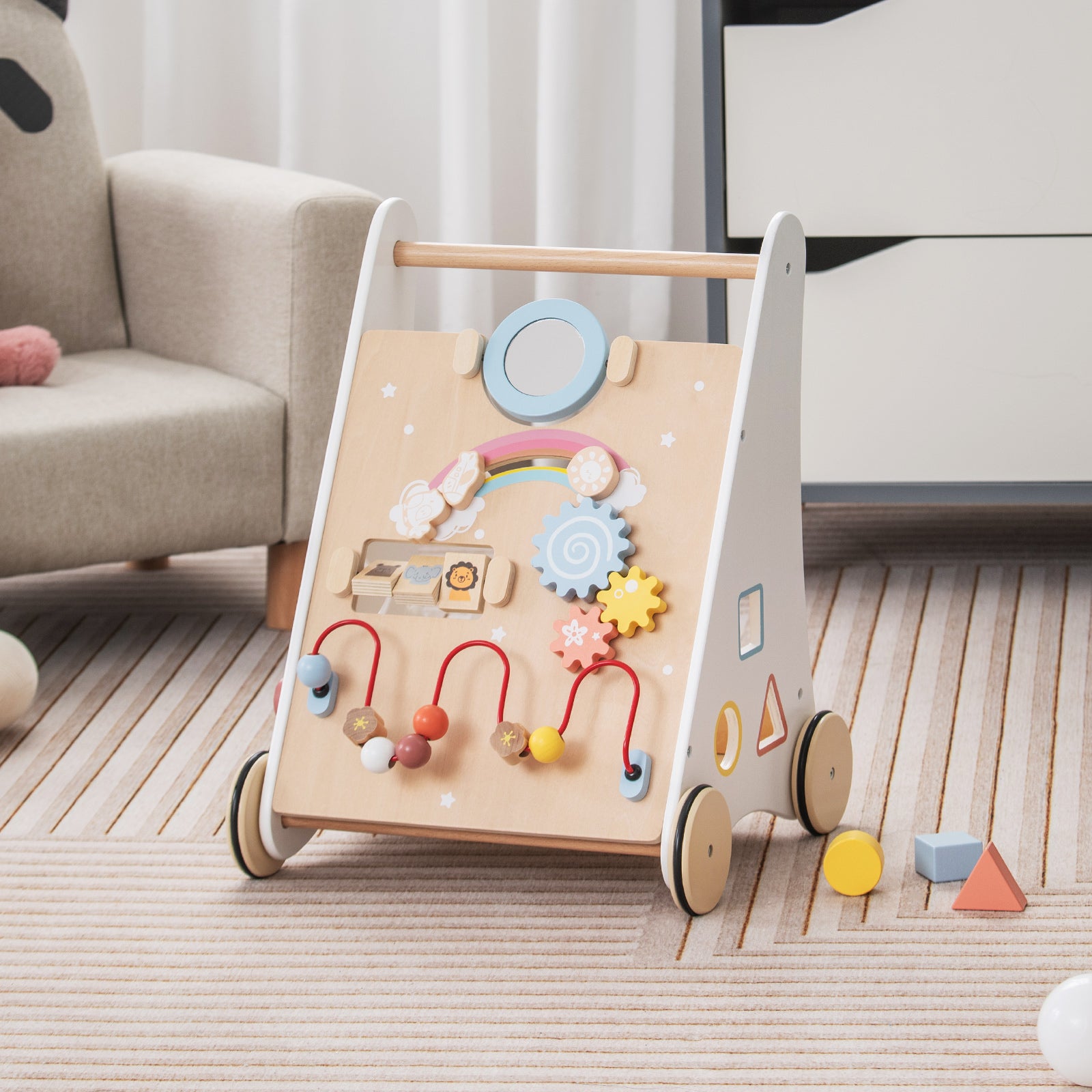 Costway Trotteur bébé en bois avec centre d'activités multiples pour plus de 1 an - Blanc