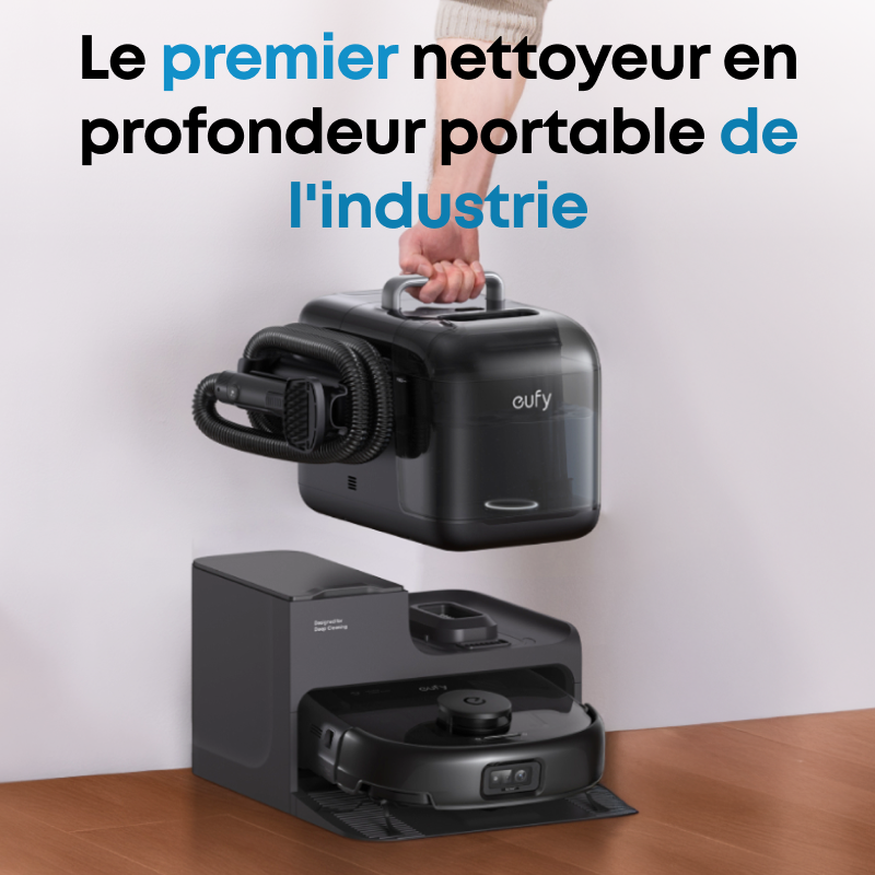 EUFY Robot aspirateur laveur 3-en-1 Omni E28, aspiration + lavage + nettoyage en profondeur portatif, aspiration de 20 000 Pa, HydroJet™ 360 fois/min, brosse anti-emmêlement, couverture de 180 m²