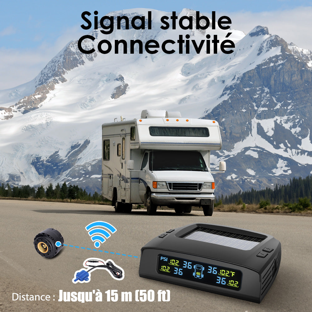 Tymate Système de surveillance de la pression des pneus pour camping-car, Moniteur solaire de pression des pneus avec 4 capteurs, 0 à 87 PSI, 6 modes d’alarme, Répéteur