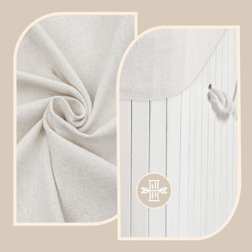JOYFURNOS Grand Panier à Linge en Bambou, Panier à Linge Pliable à 2 Compartiments avec Couvercle, Blanc