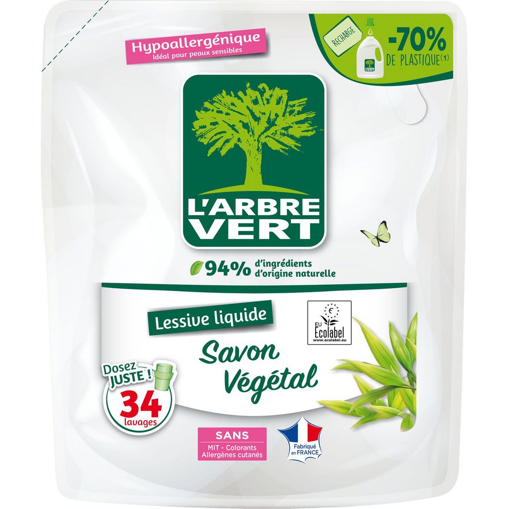 L'Arbre Vert Ecolabel Recharge de lessive liquide au savon végétal, Hypoallergénique, 34 lavages, 1,53 L
