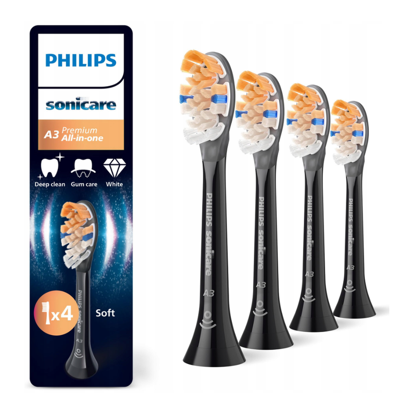 Philips HX9094/88, Têtes de brosse Sonicare A3 haut de gamme tout-en-un, Noir, Lot de 4, Nettoyage avancé, Installation facile