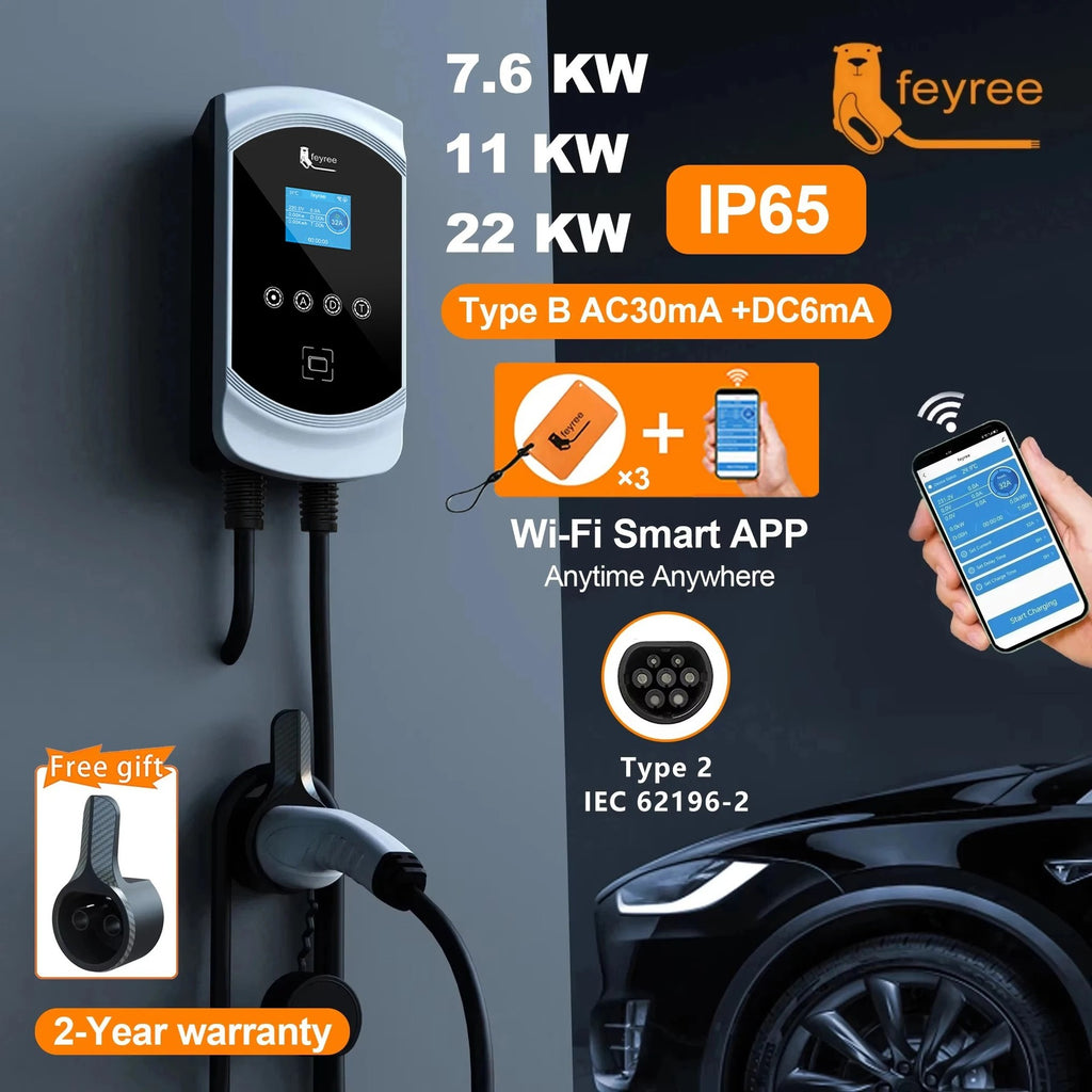 Feyree Borne de recharge VE 32 A 11 kW triphasée pour voiture électrique, système d’alimentation pour véhicule électrique mural, câble type 2, prise IEC62196-2, contrôle par application