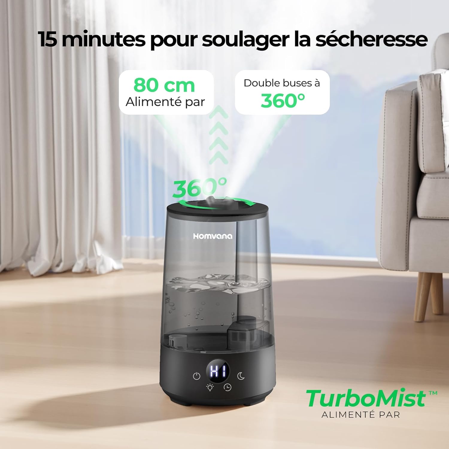 Homvana Humidificateur H101 3,6 L Noir - Remplissage par le haut, Pulvérisation silencieuse, Autonomie 34 h, Silencieux 16 dB, Diffuseur d'arômes et veilleuse