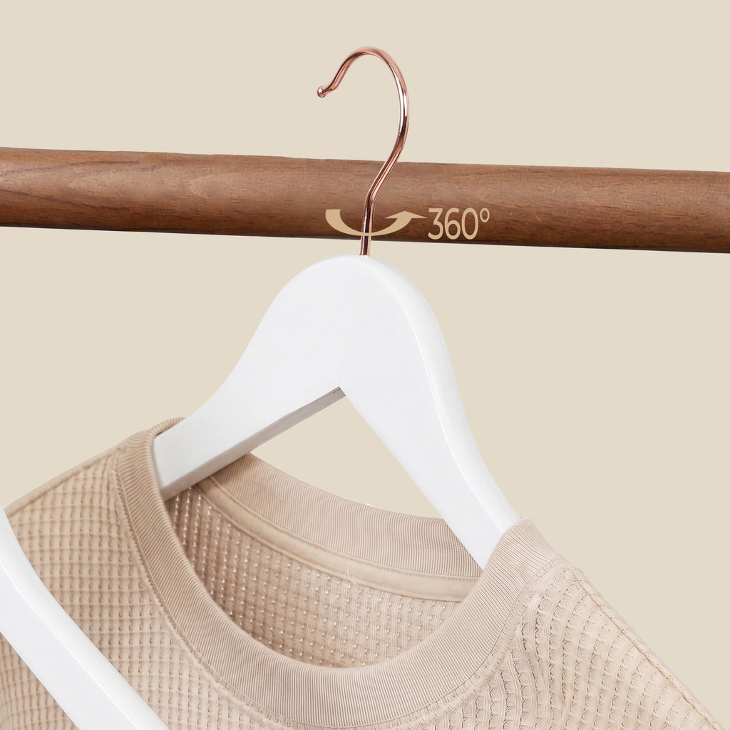 JOYFURNOS Cintres en Bois Massif, Lot de 20, Avec Rainures sur les Épaules, Pour Costumes, Chemises, Manteaux, Blanc et Or Rose