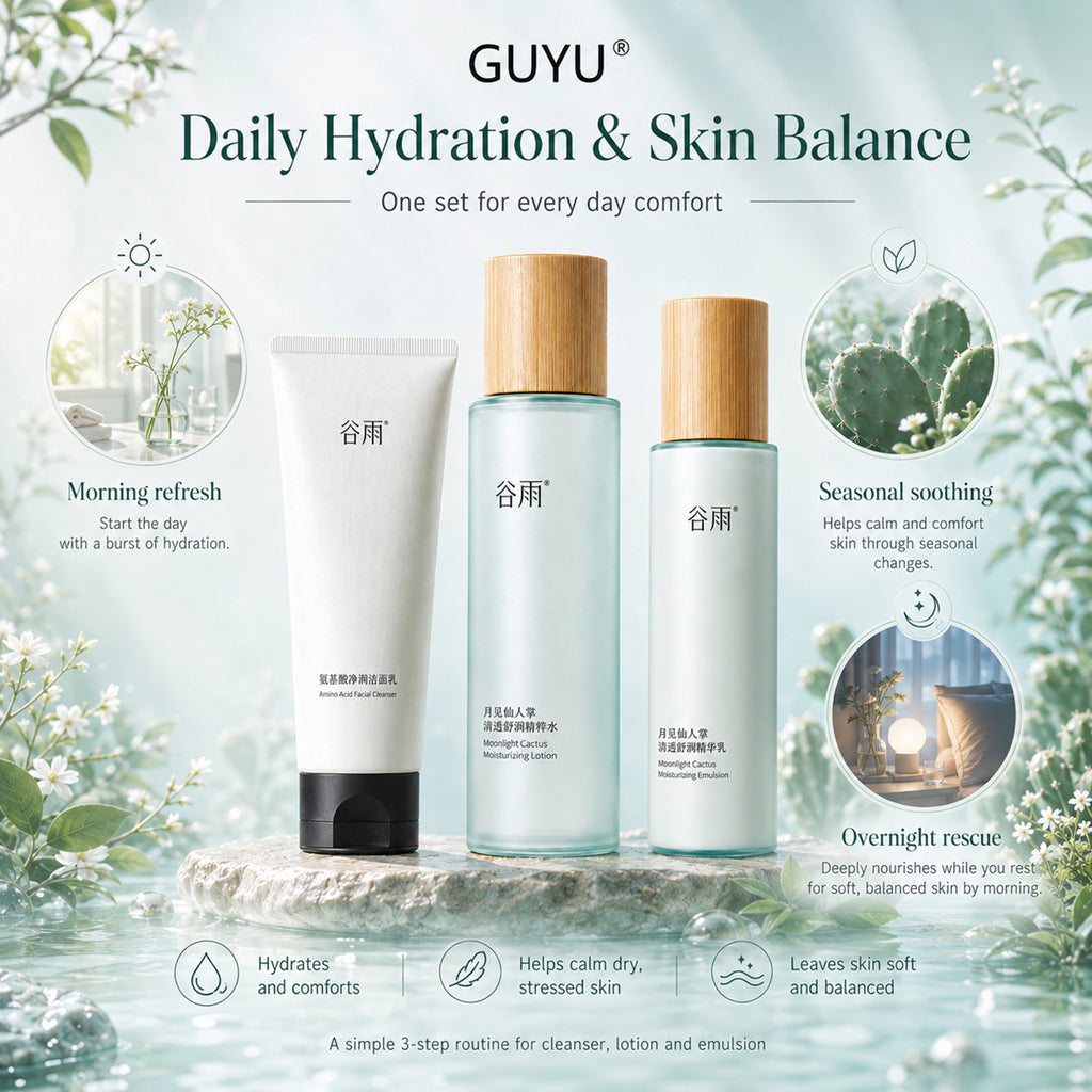 GUYU Coffret de soin hydratant de la primevère (Lotion tonique 150 ml + Lotion 80 ml + Nettoyant 60 g)
