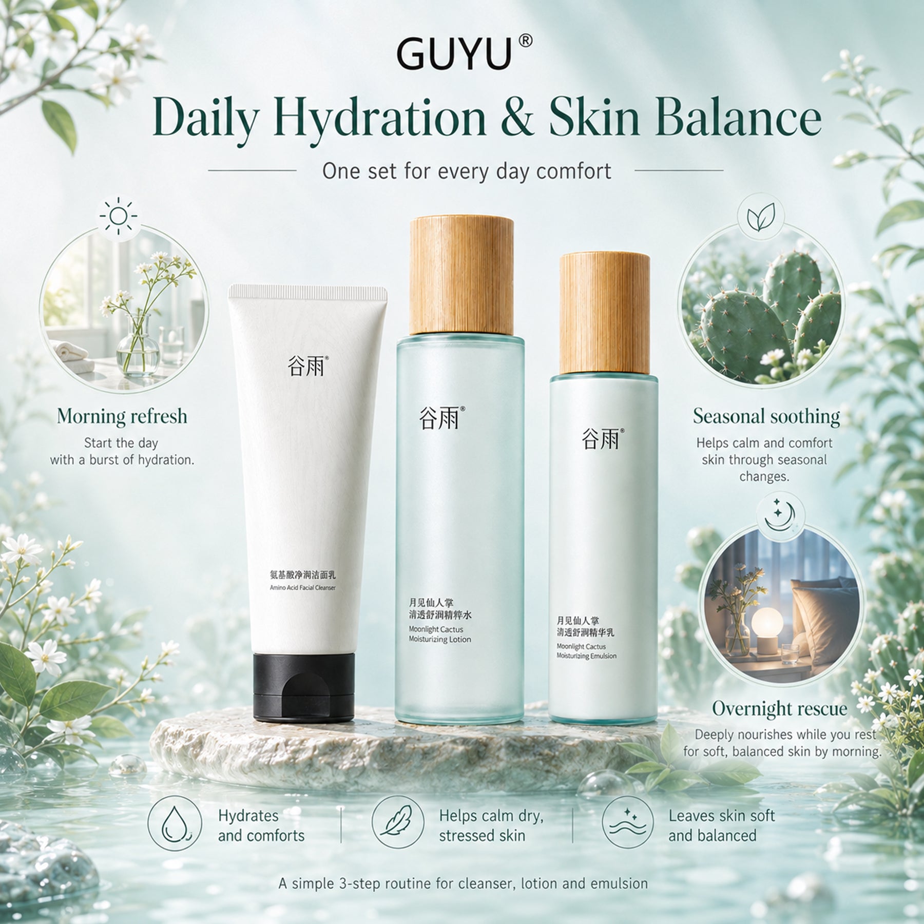 GUYU Coffret de soin hydratant de la primevère (Lotion tonique 150 ml + Lotion 80 ml + Nettoyant 60 g)