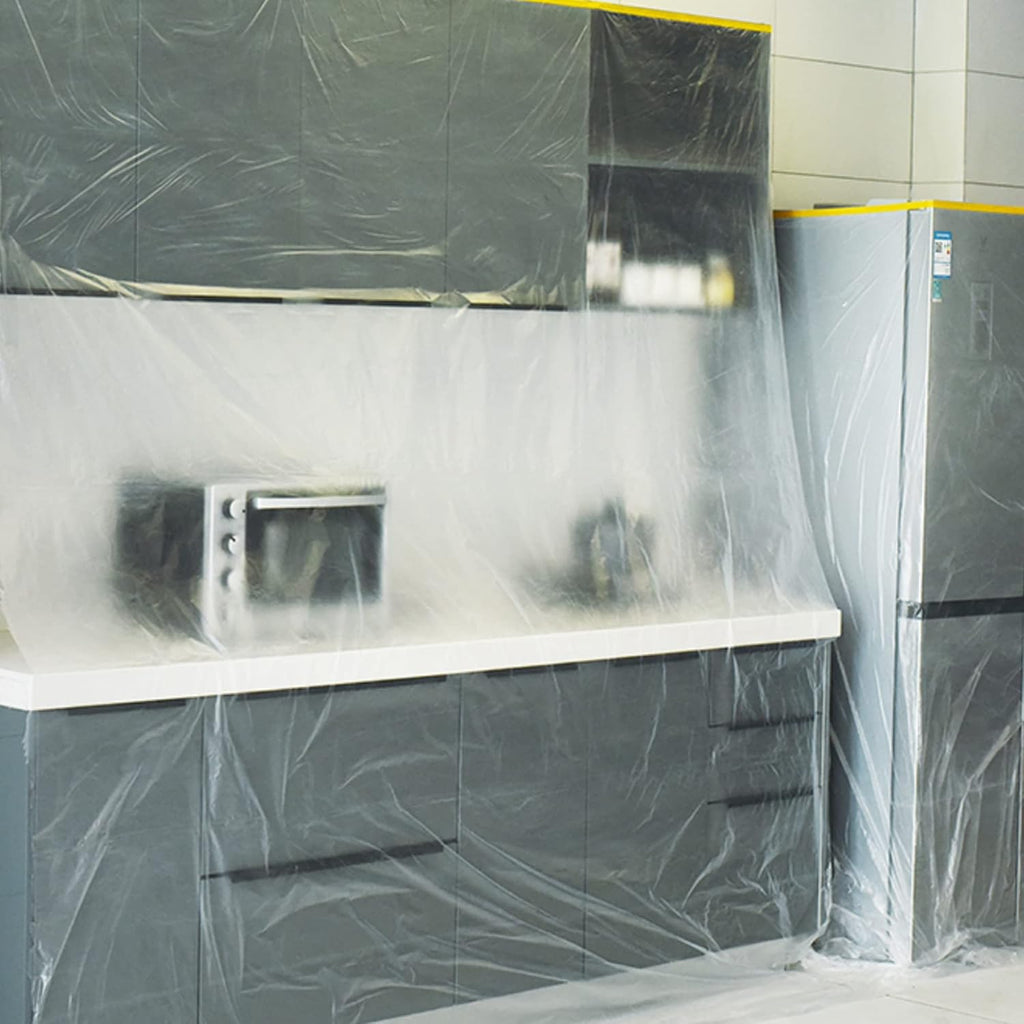 TAPEBEAR Film de masquage avec ruban intégré, Ruban et bâche, Rouleau de bâche plastique pour peinture automobile, appareils électroménagers et meubles, 9 pi x 90 pi, 2600 mm x 27 m, 3 rouleaux