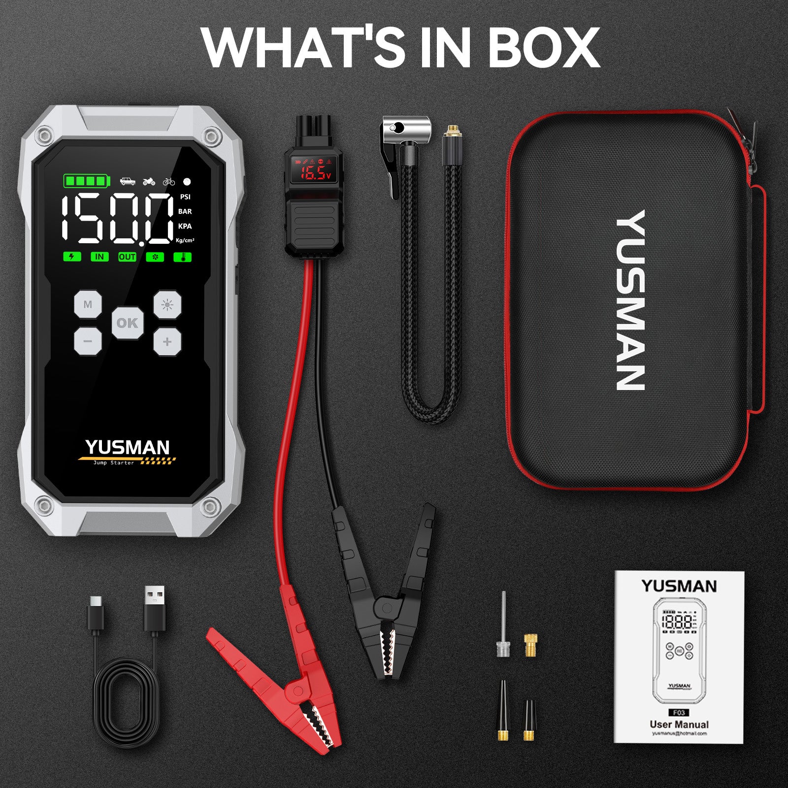 Booster de batterie automobile YUSMAN – 8000 A démarreur de voiture 12 V (jusqu’à tous les moteurs essence / 10,0 L diesel), démarreur avec compresseur d’air 150 PSI