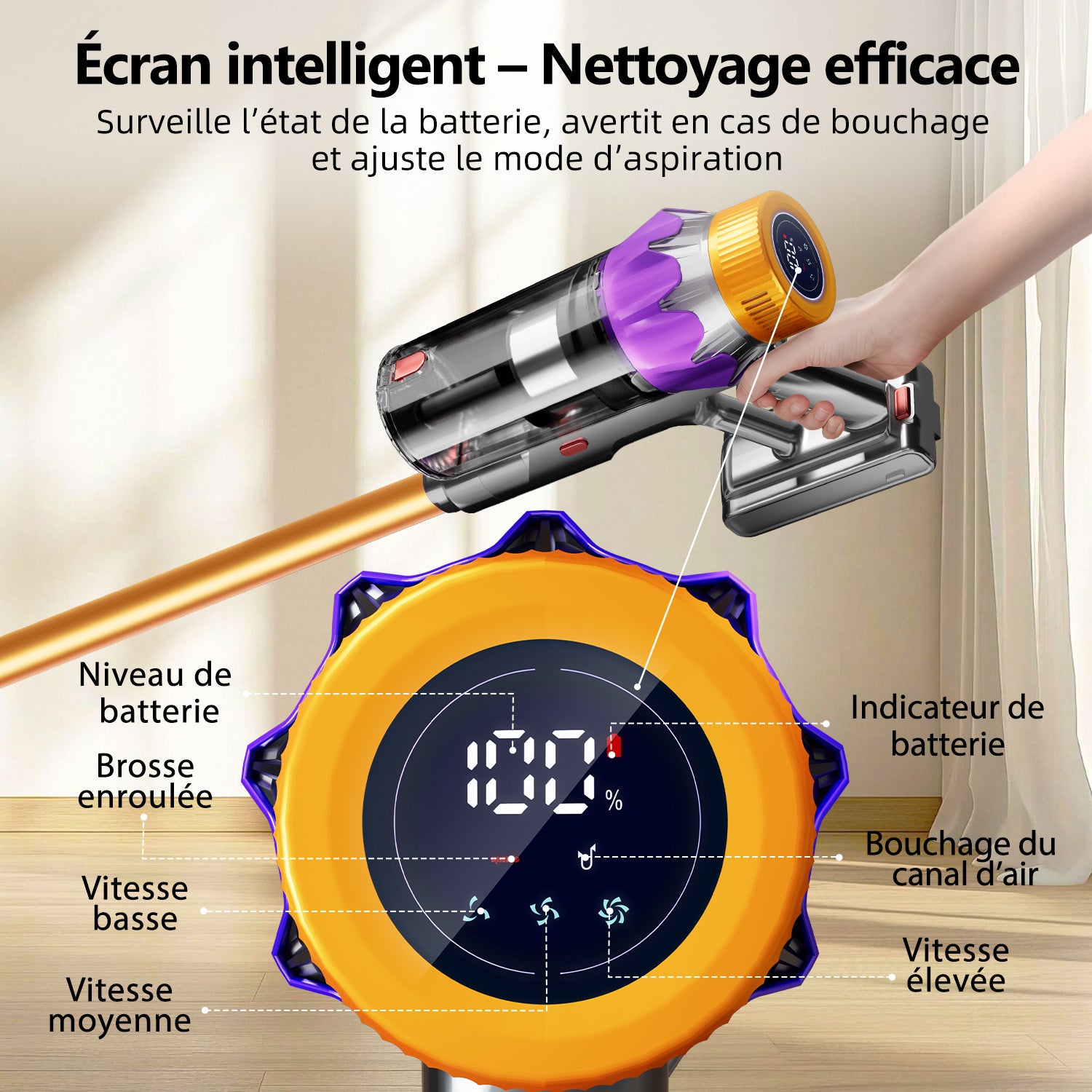 Daynee Aspirateur sans fil, Aspiration 65 kPa, Autonomie de 70 min, Écran LCD, Brosse anti-emmêlement, Filtration HEPA*4, Aromathérapie pour poils d'animaux, tapis et sols durs