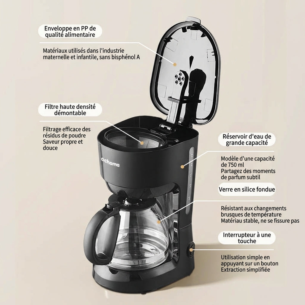ochama Cafetière À Filtre, 600W Cafetière Américaine Domestique, Réservoir D’eau Grande Capacité 750Ml, Fonction Maintien Au Chaud 30 Min