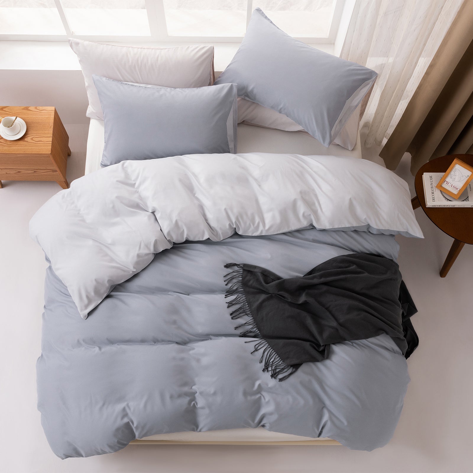 MENDALE Housse de couette - Ensemble de literie de qualité supérieure - Housse de couette 155*220 cm avec taie d'oreiller 80*80 cm - Microfibre douce brossée - Gris foncé et gris clair