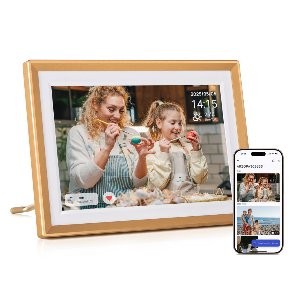 ARZOPA D10 Cadre photo numérique en métal 10,1 pouces, Stockage cloud gratuit, Cadre photo Wi-Fi, Écran tactile HD numérique, Sans abonnement, Partage photos vidéos, Carte de vœux individuelle à offrir en cadeau - D10 Or