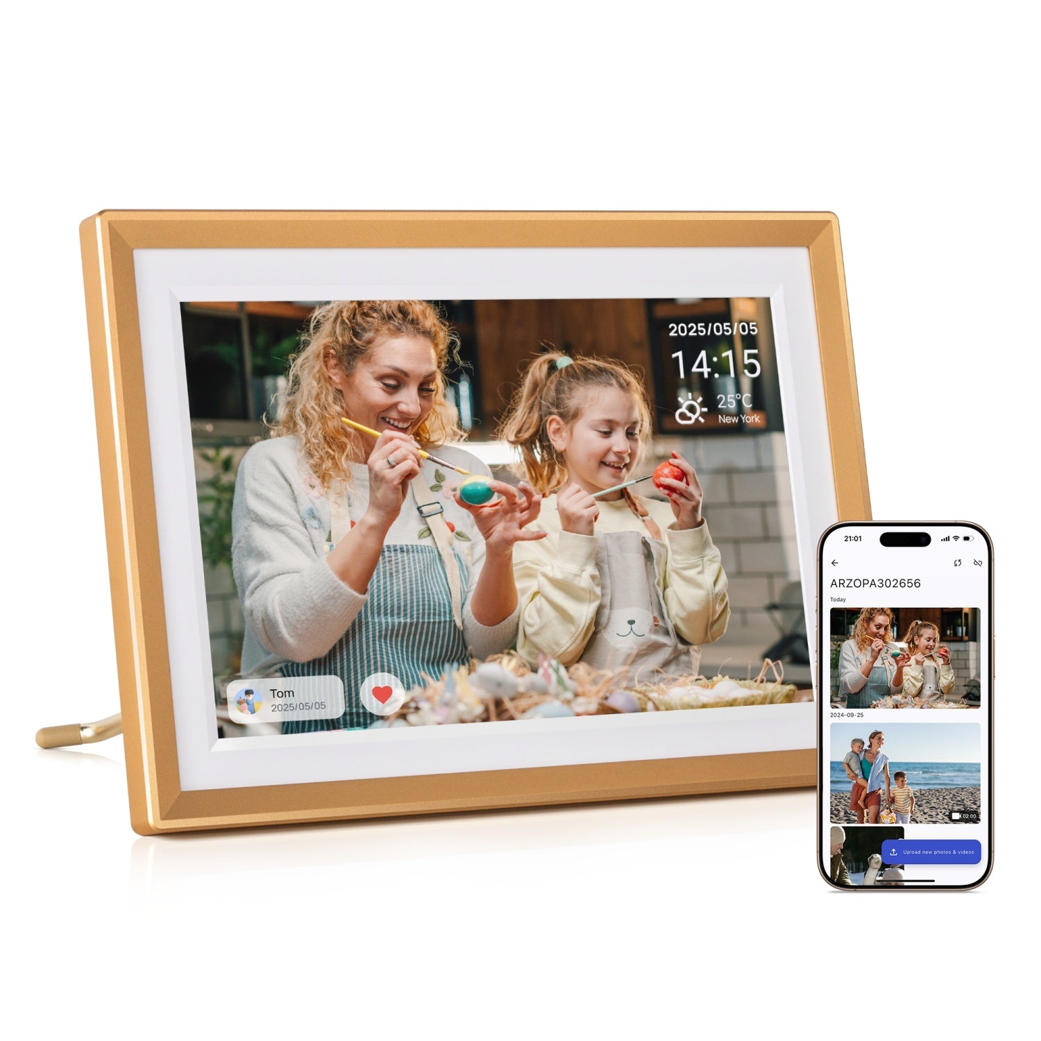 ARZOPA D10 Cadre photo numérique en métal 10,1 pouces, Stockage cloud gratuit, Cadre photo Wi-Fi, Écran tactile HD numérique, Sans abonnement, Partage photos vidéos, Carte de vœux individuelle à offrir en cadeau - D10 Or