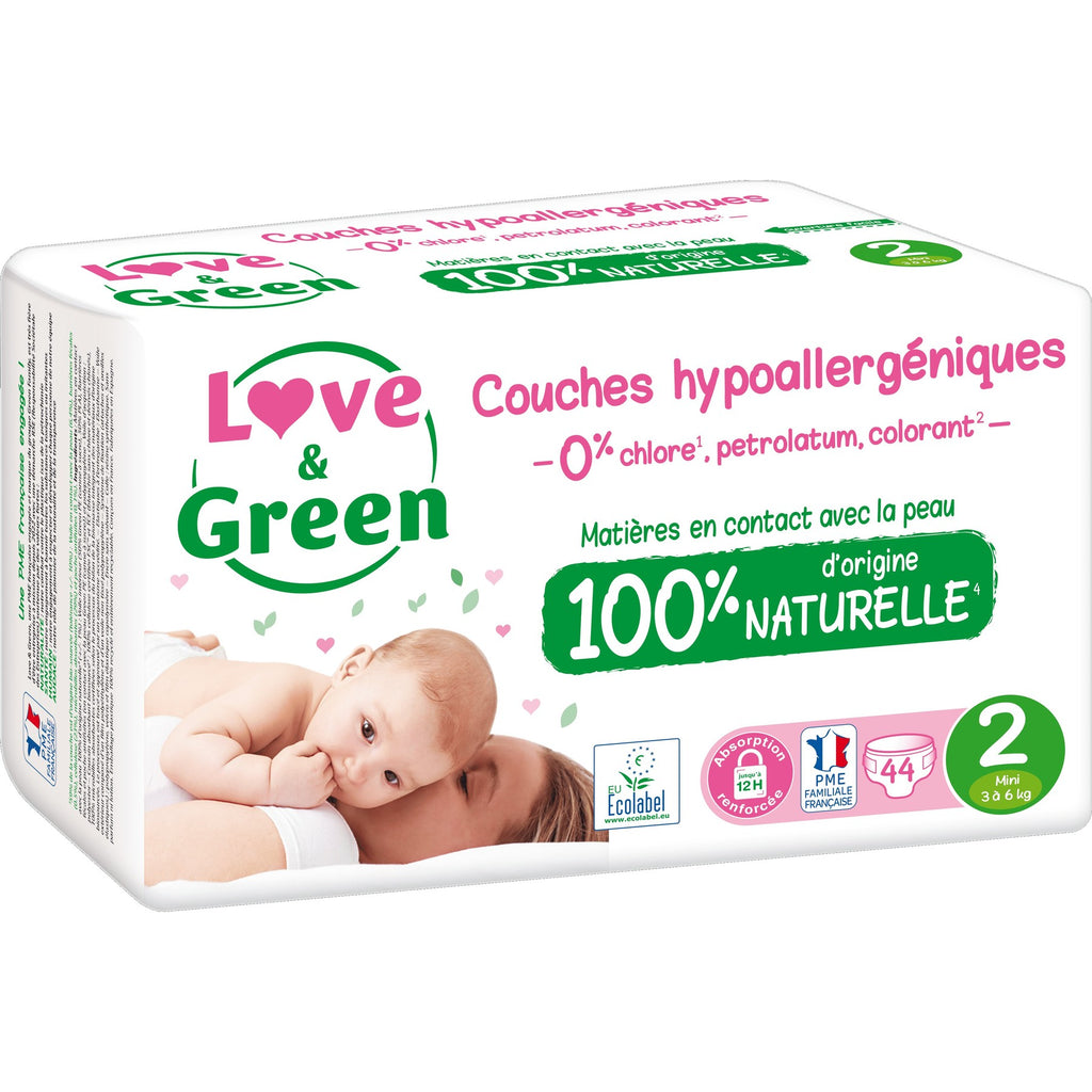 LOVE & GREEN Couches Bébé Taille 2 3-6kg Hypoallergénique 44 couches