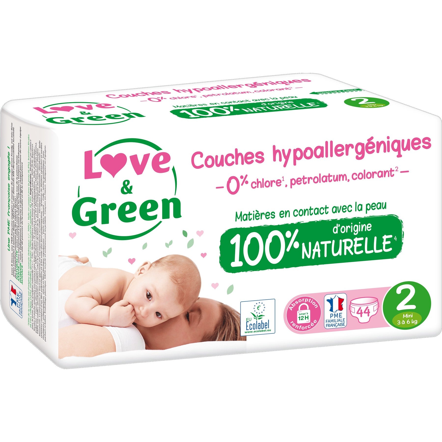 LOVE & GREEN Couches Bébé Taille 2 3-6kg Hypoallergénique 44 couches