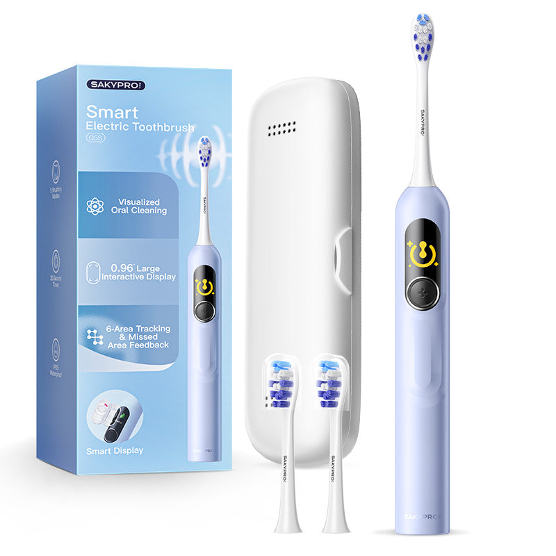 SAKYPRORAL G5S Brosse à dents électrique intelligente avec écran, minuterie et étui de rangement - Bleu