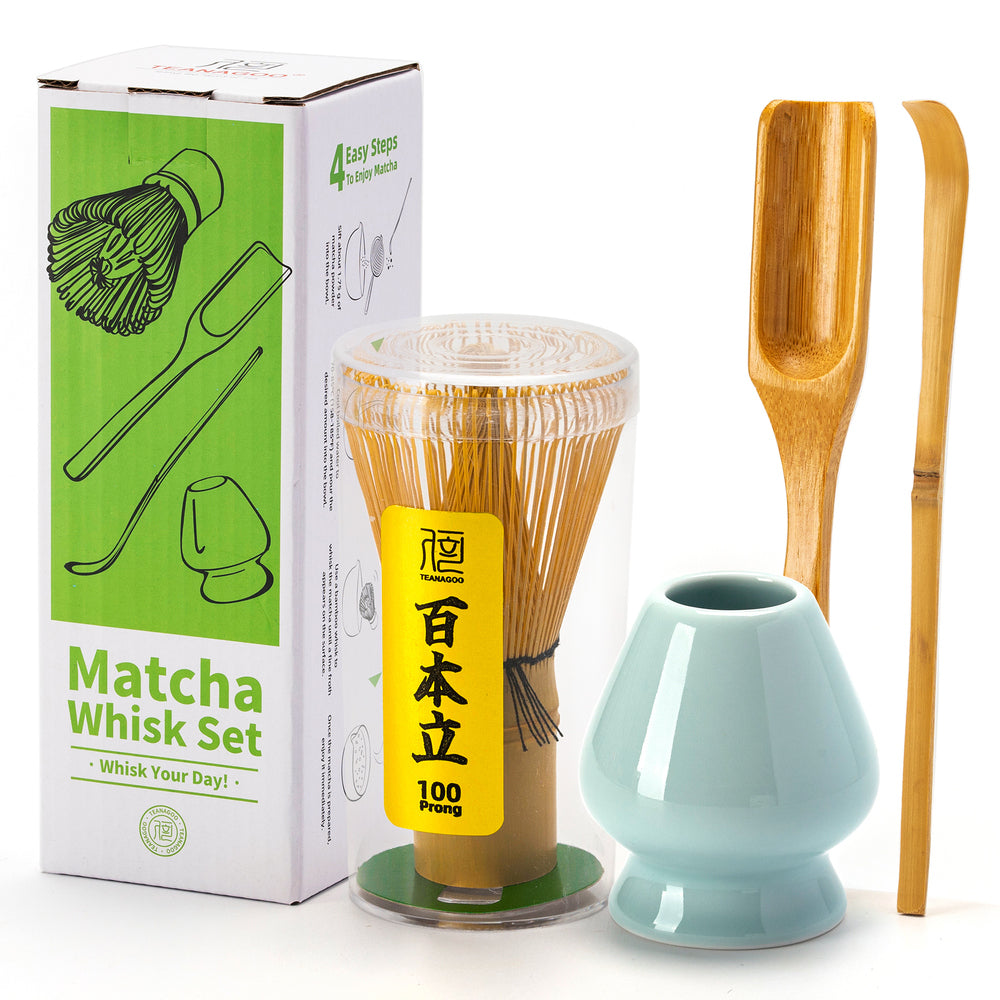 TEANAGOO Kit matcha, Fouet en bambou (fouet à matcha), Kit matcha 4 pièces, Cuillère doseuse traditionnelle (cuillère à matcha), Porte-fouet céladon bleu