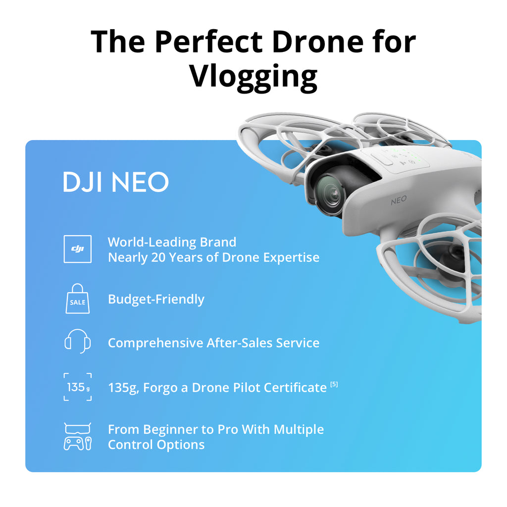 DJI Neo Mini drone avec caméra 4K UHD pour adultes, 135 g, drone autonome qui vous suit, décollage paume, suivi de sujet, QuickShots, vidéo stabilisée, protection d'hélice intégrée, Sans télécommande