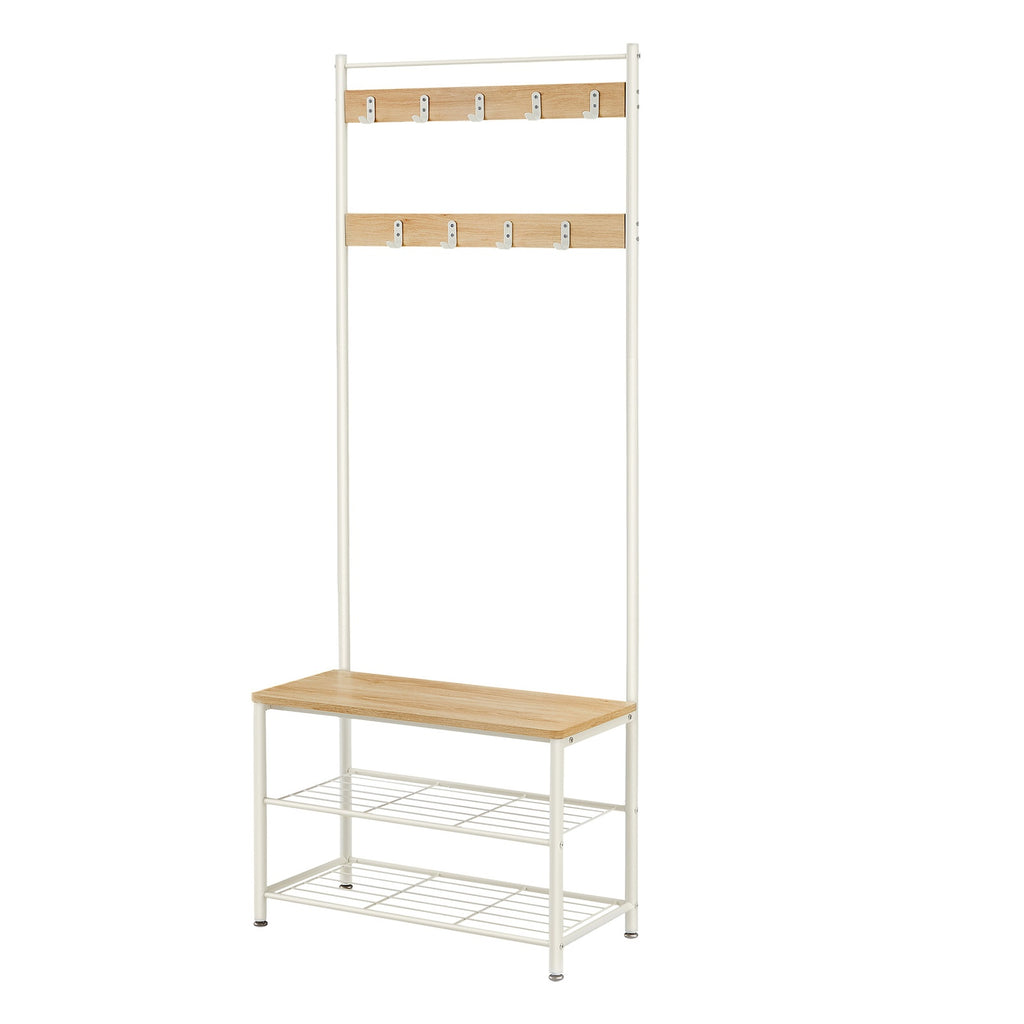 JOYFURNOS Portemanteau, Vestiaire d'entrée avec banc de rangement pour chaussures, 32 x 70 x 177 cm, Industriel, Naturel et blanc