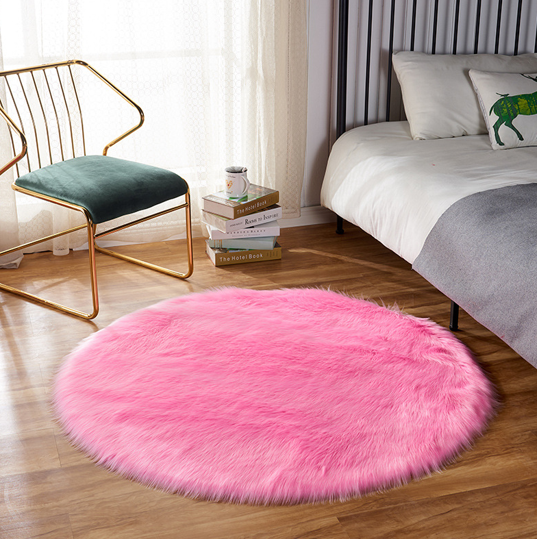 Tapis rond en peluche laine artificielle, 90x90 cm tapis rond shaggy doux, tapis de sol antidérapant pour chambre, salon, décoration de chambre d'enfant (rose)