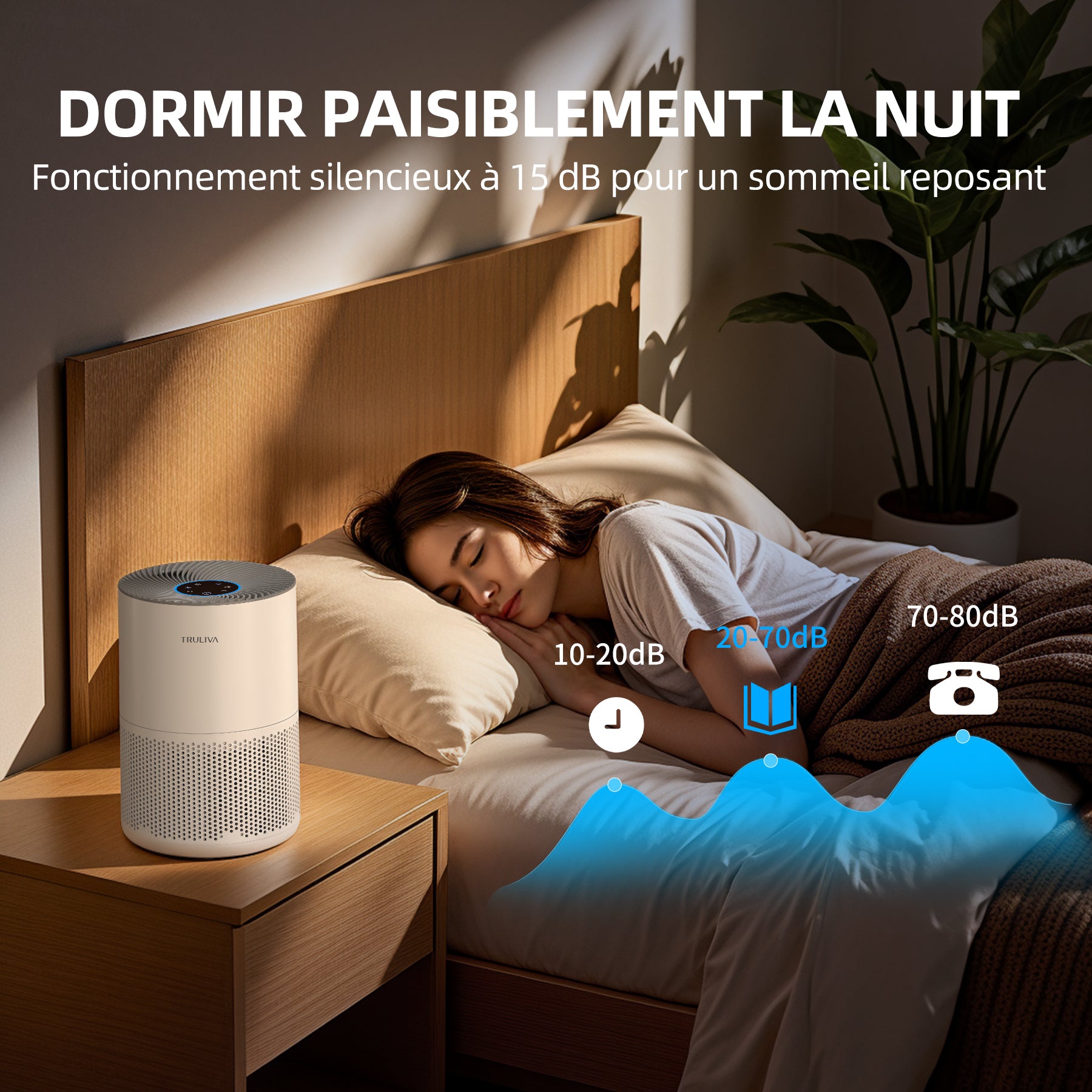 TRULIVA KJ260 Purificateur d'air CADR 260 m³/h filtre HEPA 3 étapes minuterie 24 h mode sommeil capteur de qualité de l'air pour PM2,5 fumée pollen acariens et polluants