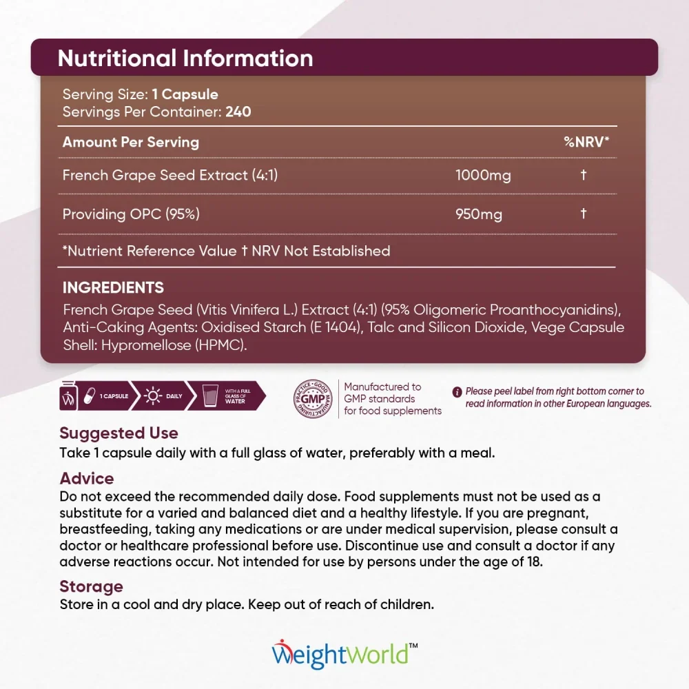 WeightWorld OPC (Extrait de pépins de raisin français) 1000 mg 240 gélules