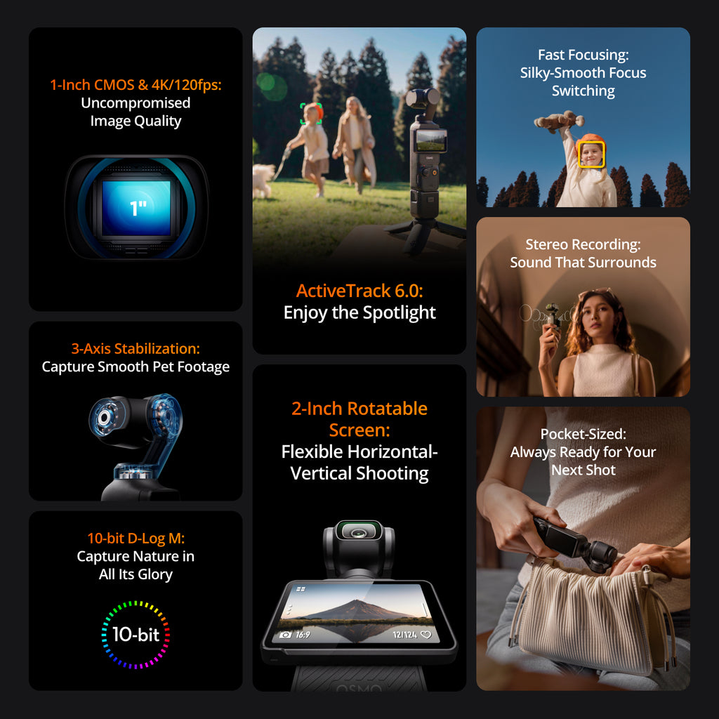 DJI Osmo Pocket 3 Pack créateur Caméra de vlog CMOS 1 pouce Vidéo 4K/120 ips Stabilisation 3 axes ActiveTrack 6.0 Émetteur DJI Mic 2 inclus