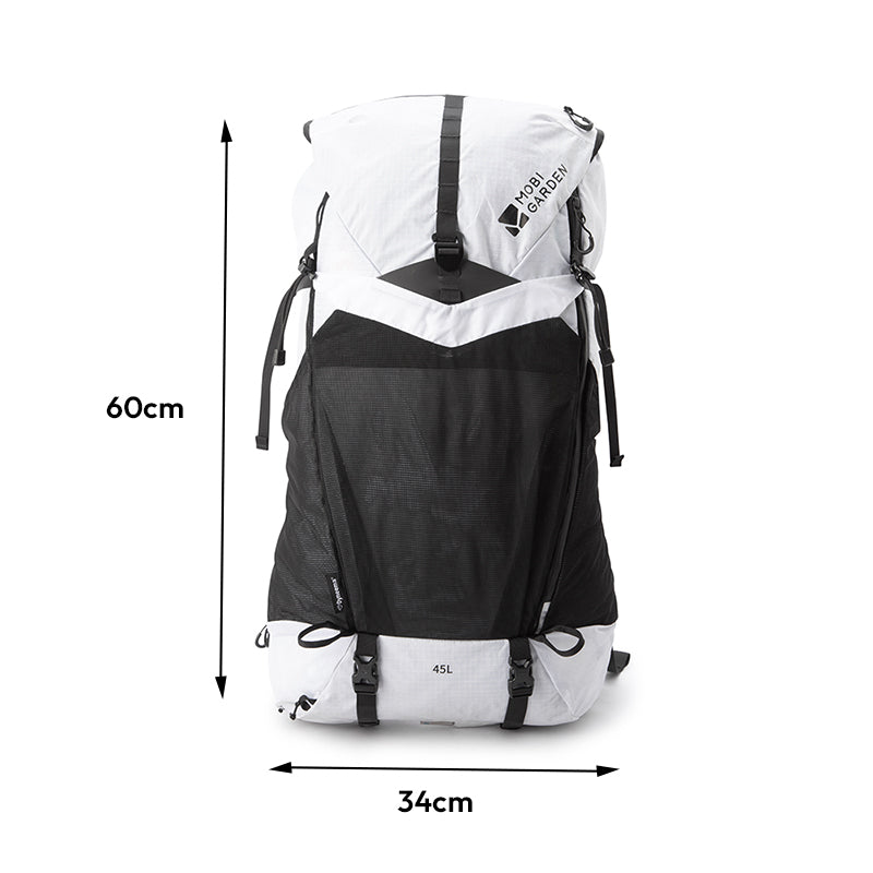 Mobi Garden, sac à dos Phantom Pro 3D Dyneema 45 L, sac à dos de randonnée ultraléger, sac de trekking à grande capacité, blanc, structure ultralégère et stable avec respirabilité améliorée