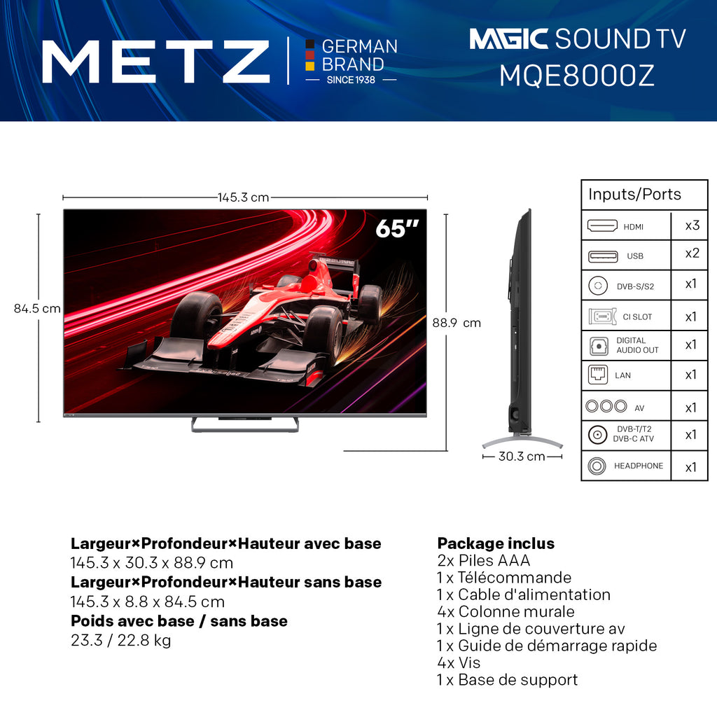 METZ 65MQE8000Z TV 65 pouces (165 cm) QLED Google TV, 144 Hz, 4K UHD HDR10+, Dolby Vision & Atmos, Système audio 2.1.2 avec caisson de basses intégré, HDMI 2.1, FreeSync Premium, MEMC