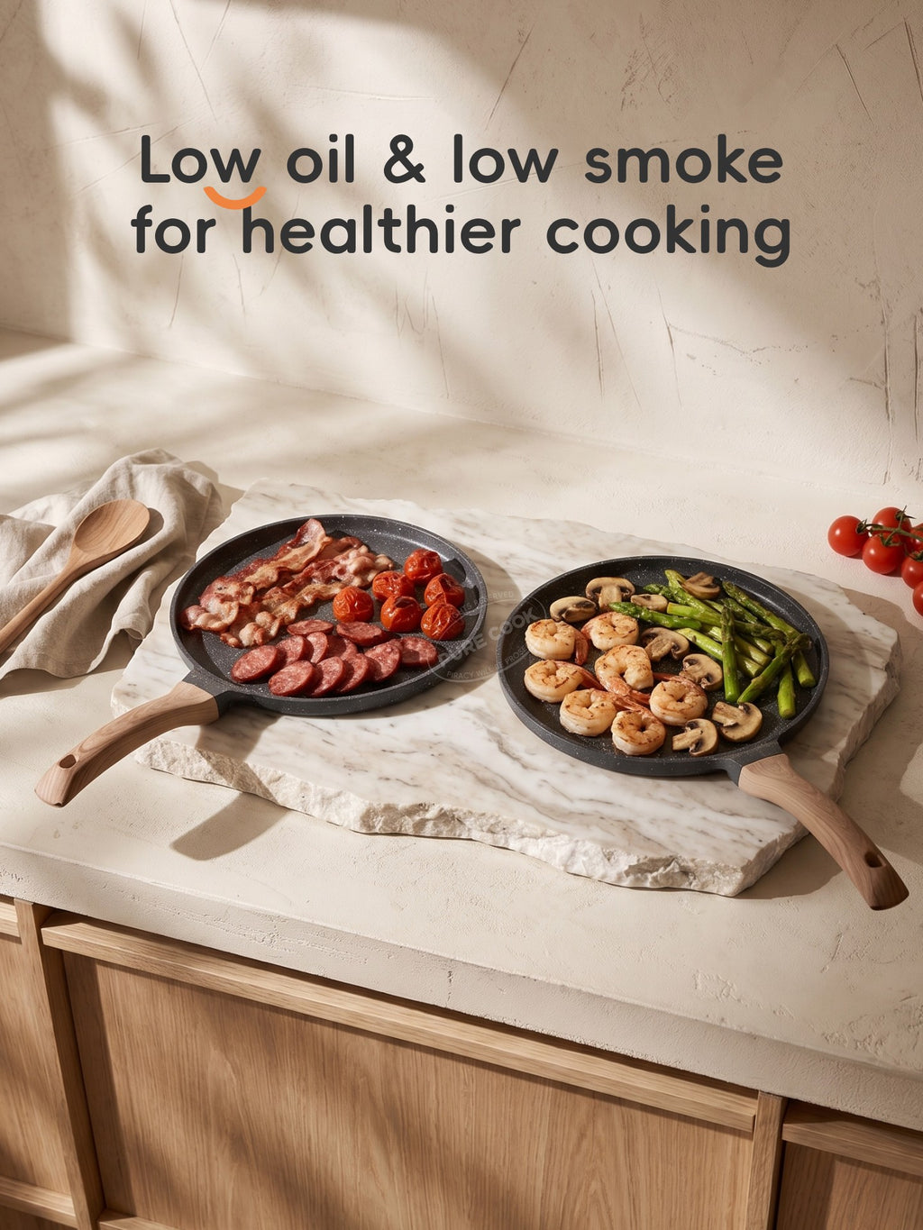 PURE COOK Poêle à frire antiadhésive avec manche en bois | 26 cm | Poêle en aluminium à revêtement marbre | Légère et facile à nettoyer