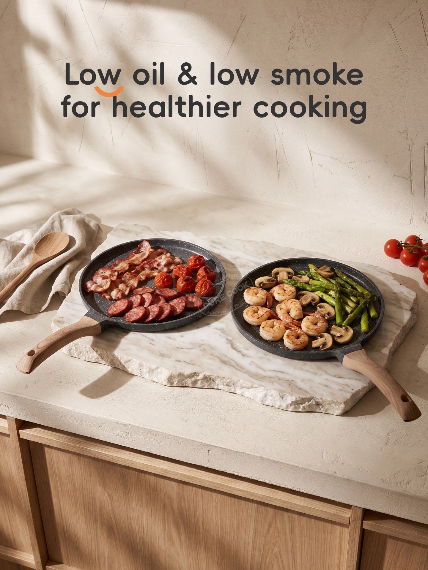 PURE COOK Poêle à frire antiadhésive avec manche en bois | 26 cm | Poêle en aluminium à revêtement marbre | Légère et facile à nettoyer