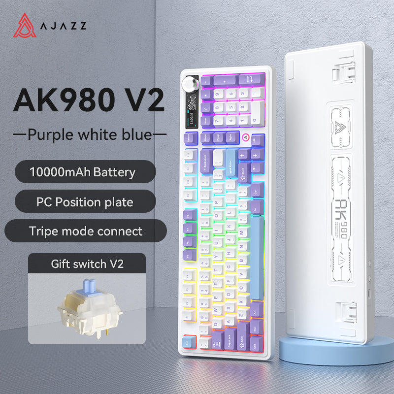 AJAZZ AK980 V2 clavier mécanique sans fil, disposition QWERTY 98 % interchangeable à chaud pour jeu, batterie 10000 mAh, filaire/Bluetooth/2,4G, éclairage RVB