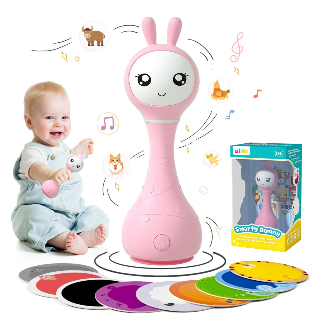 alilo Smarty Bunny Hochet Bébé Jouets Musiques Lumineux pour Bébés 0+ Mois Cadeaux pour Filles, 5 Modes Musiques et Fonction de Reconnaissance des Couleurs avec 9 Cartes de Couleurs, Rose
