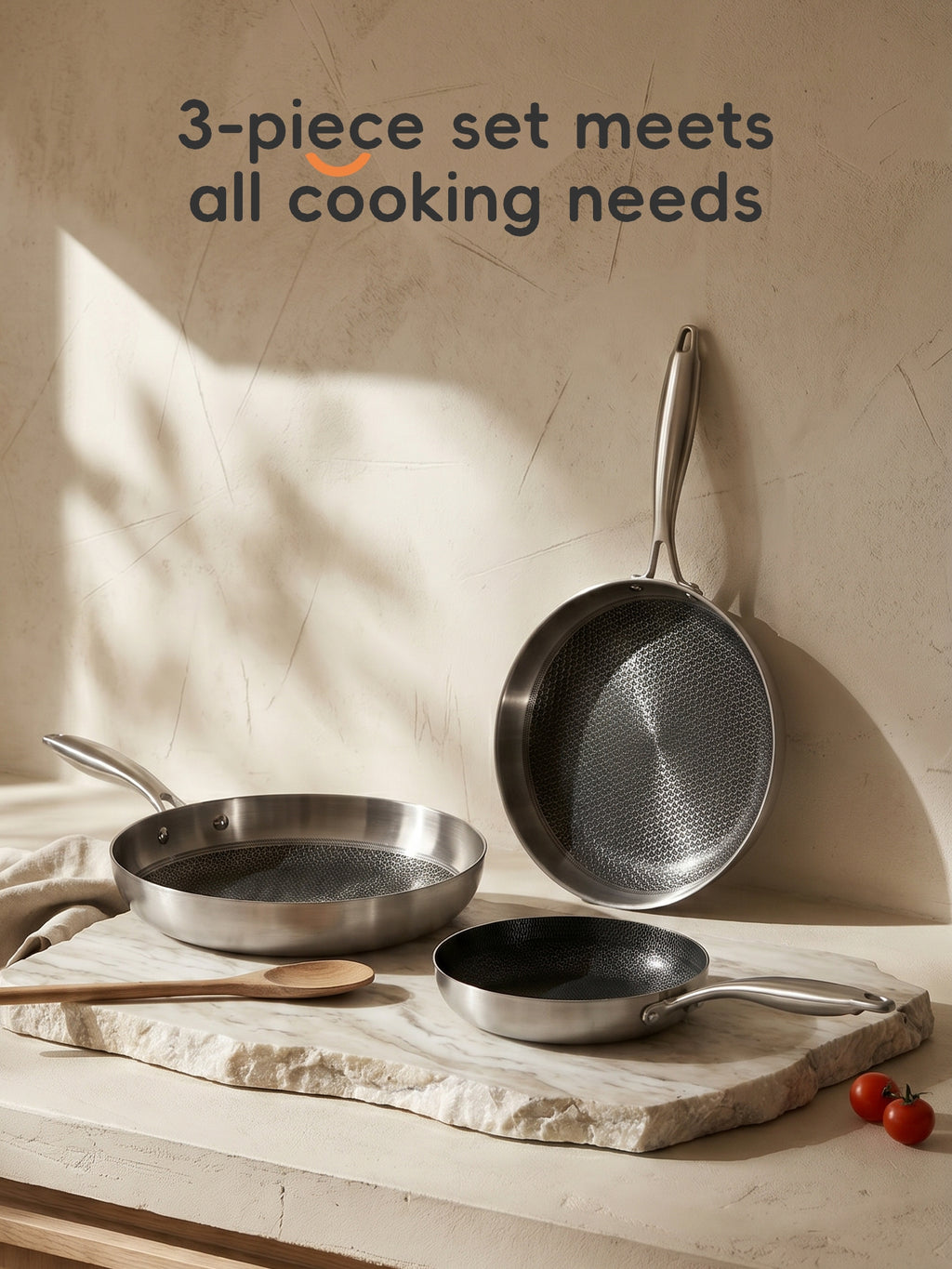 PURE COOK Set de 3 poêles à frire en acier inoxydable|20 cm|26 cm|30 cm|Poêles à bord coupé 304|Ustensiles de cuisson durables pour cuisine à domicile