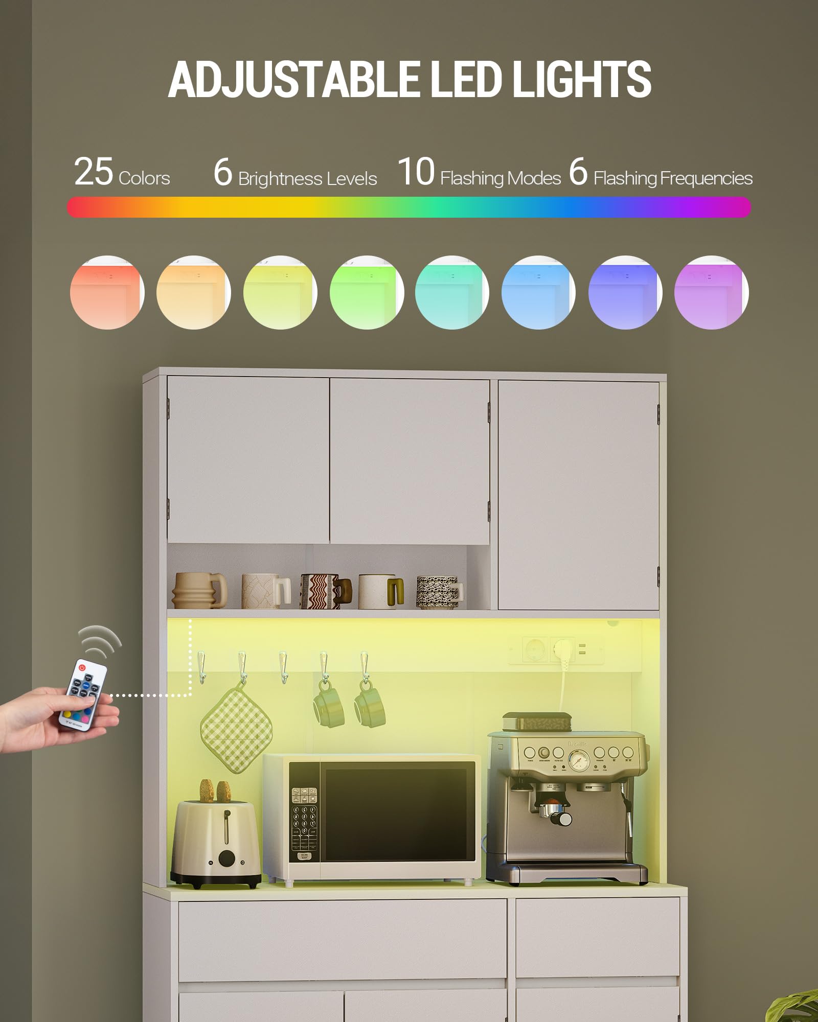 HaluPeit Meuble de cuisine, Buffet, Commode de cuisine avec prises et bandes lumineuses LED, avec plans de travail et 2 tiroirs, étagères réglables, cuisine, 40 x 100 x 180 cm, blanc