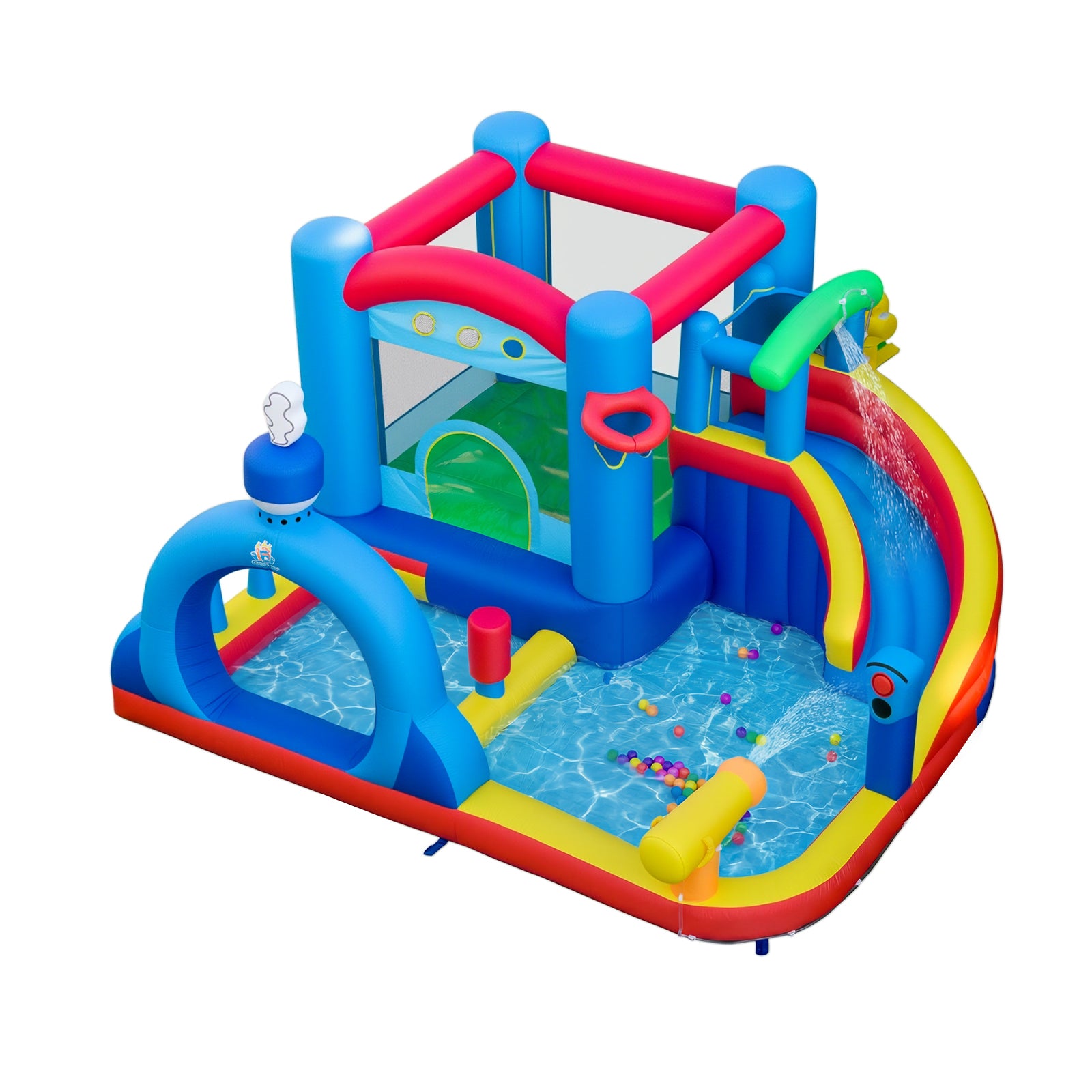 Costway Château gonflable avec toboggan aquatique, aire de saut, piscine, canon à eau, sacs de sable et jeu de panier (gonfleur non inclus)