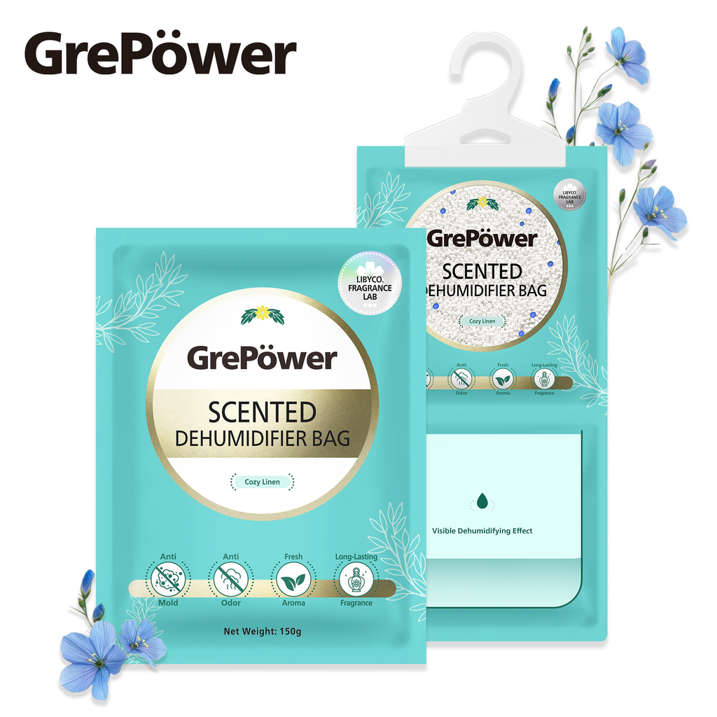 GrePower Sachets déshumidifiants au parfum de lin, lot de 10, anti-humidité et anti-condensation, absorption d'humidité ultra-forte, déshumidification rapide, pour placards, maison