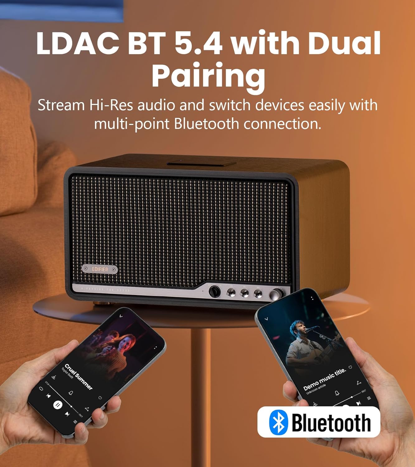 Edifier S300 enceinte de bureau Hi-Fi, audio Hi-Res LDAC, multiroom sans fil et appairage stéréo, 80 W, compatible AirPlay 2, Bluetooth 5.4, USB-C et AUX, design rétro, télécommande
