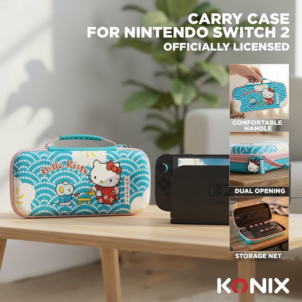 Konix Hello Kitty Housse de protection et transport console Nintendo Switch 2 - Filet rangement accessoires - 8 compartiments jeux - Motif thé - Bleu