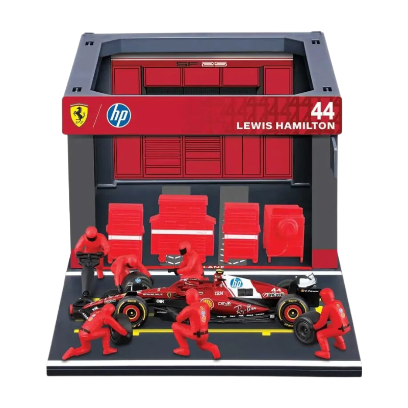 1/43 Bburago Pit-Stop Ferrari SF 25 (véhicule + figurines de mécaniciens + paddock + accessoires) #44 Hamilton