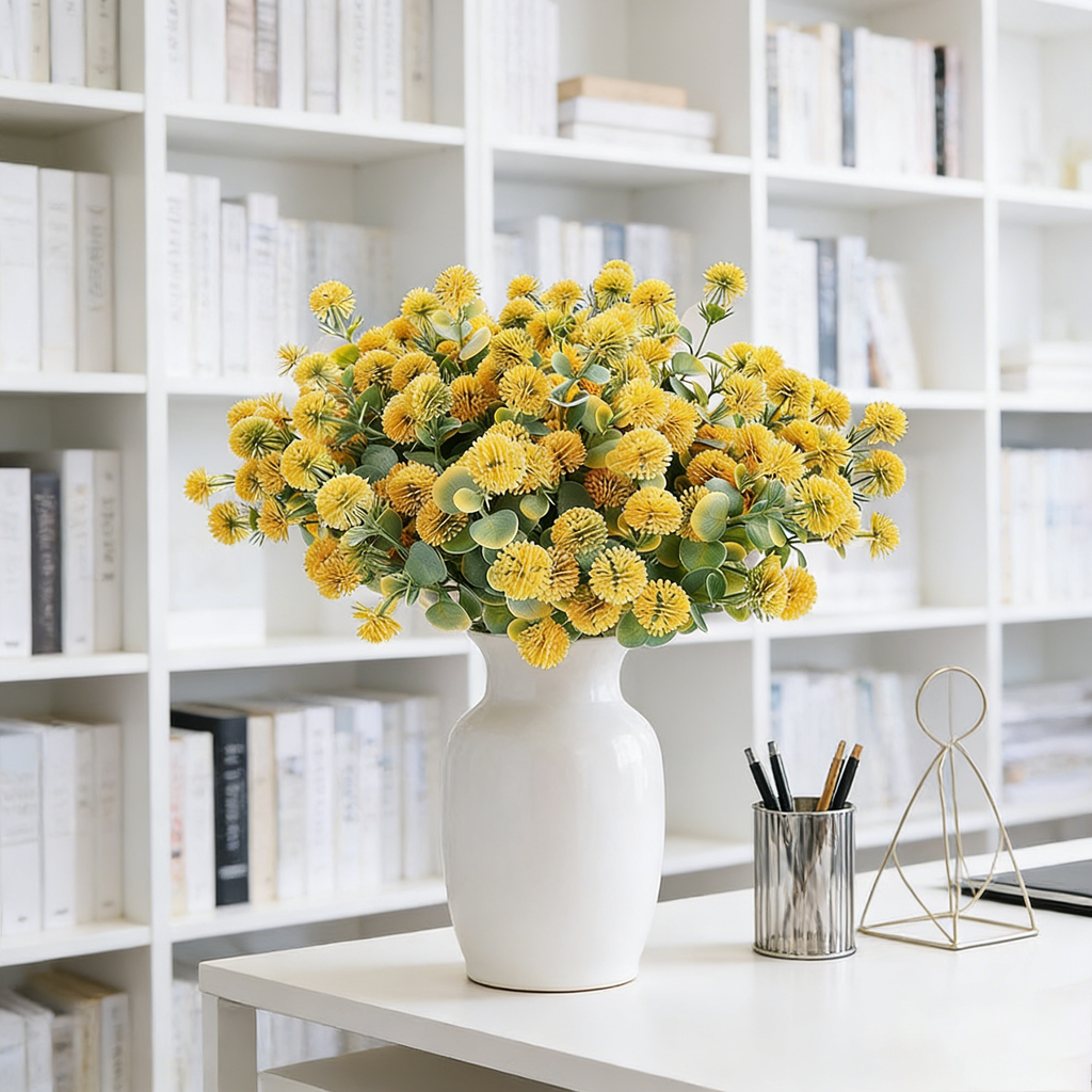 Yuejia Bouquet de 4 fleurs Craspédie artificielles 35 cm - Jaune