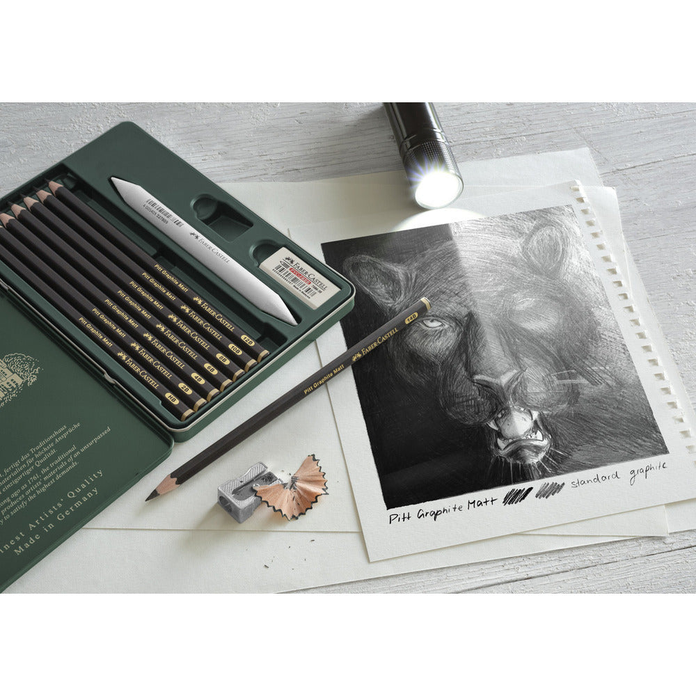 FABER-CASTELL Pitt Graphite Mat Lot de 11 crayons avec accessoires et boîte en métal