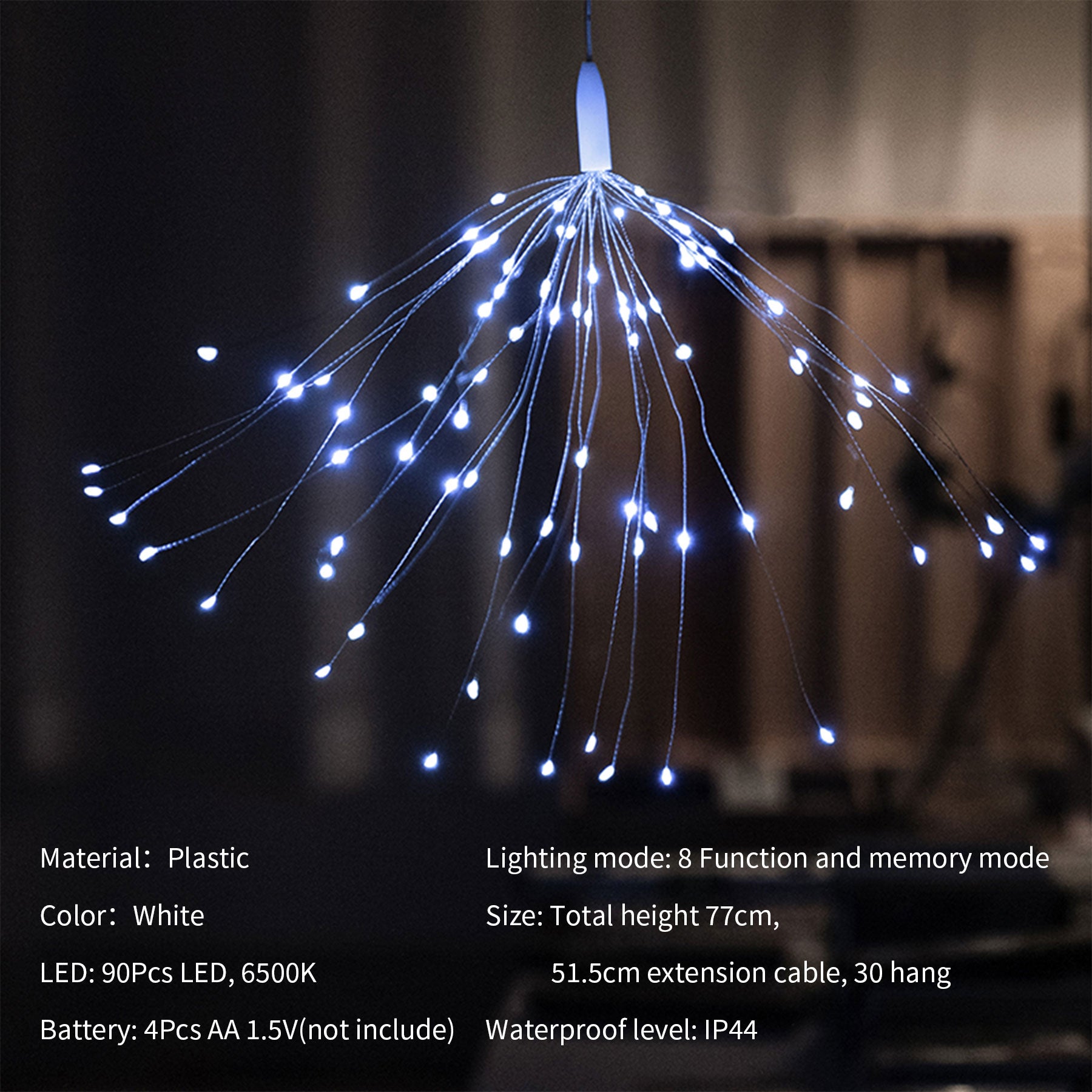 M.TK Suspension lumineuse LED Starburst, lampe feu d'artifice, 90 LED, blanc froid, fonctionne sur piles, pour Noël, extérieur, terrasse, jardin