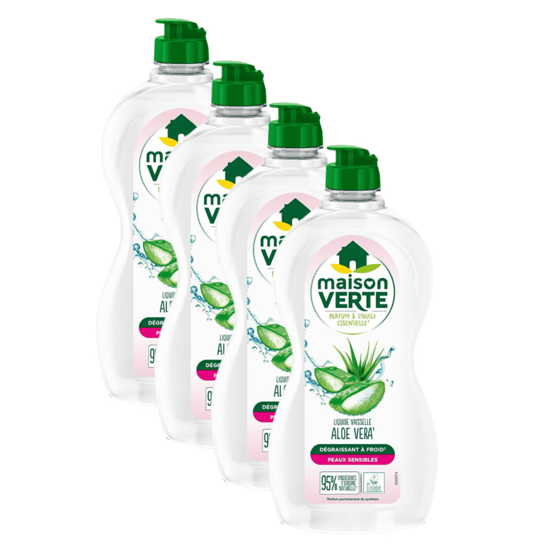 Maison Verte Liquide Vaisselle, Aloe Vera & Huiles Essentielles Biologiques, Dégraissage à Froid, 4 x 500 ml (= 2 L)
